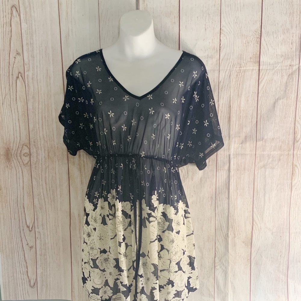 NWOT Blue Sheer Maternity Blouse w/ White Flowers